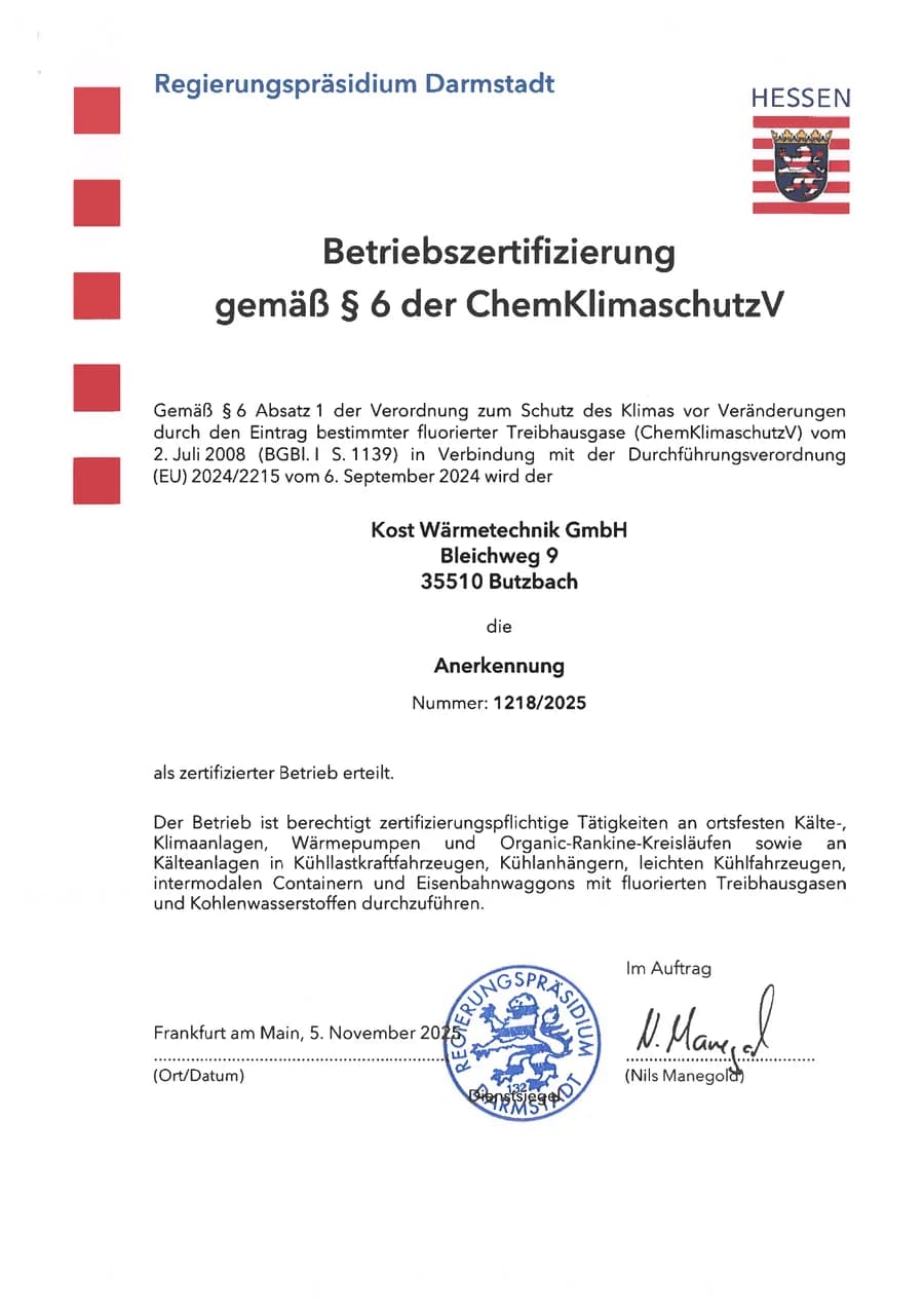 Betriebszertifizierung gemäß § 6 ChemKlimaschutzV